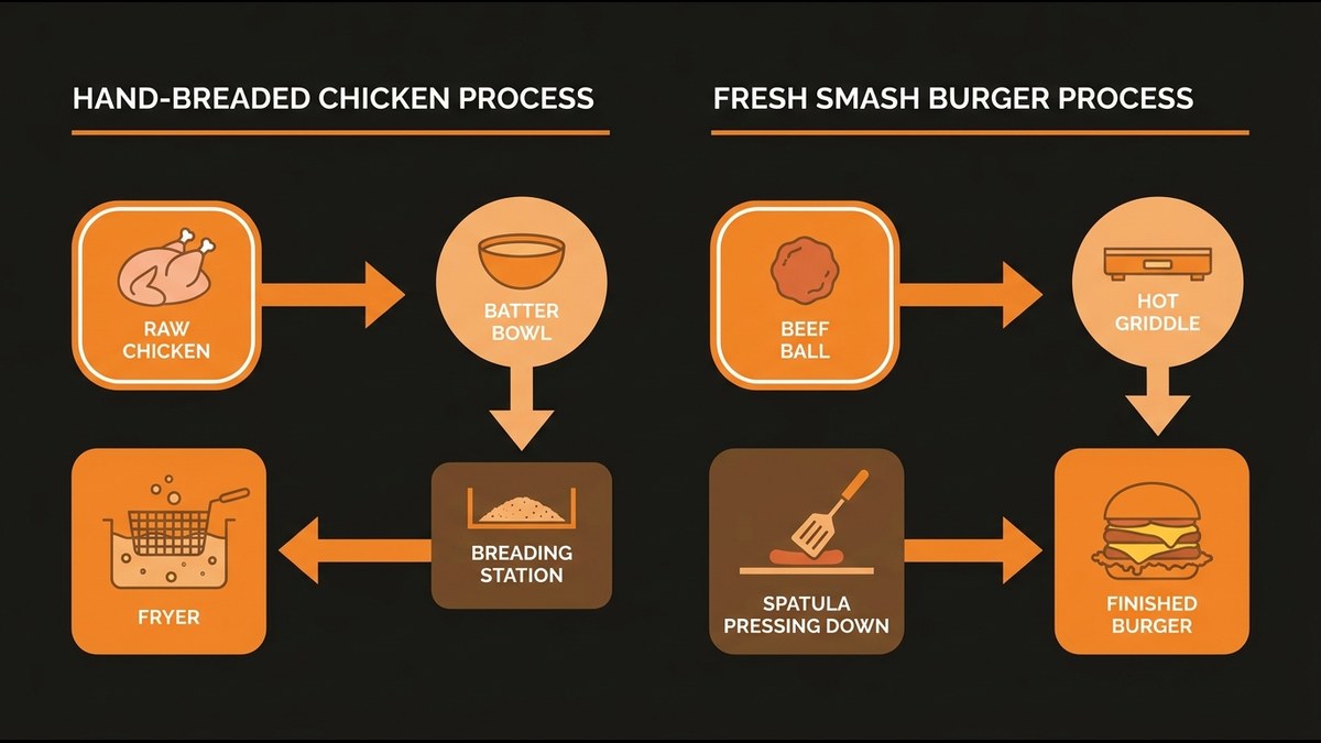 Diagram showing hand-breaded chicken preparation process and smash burger technique
