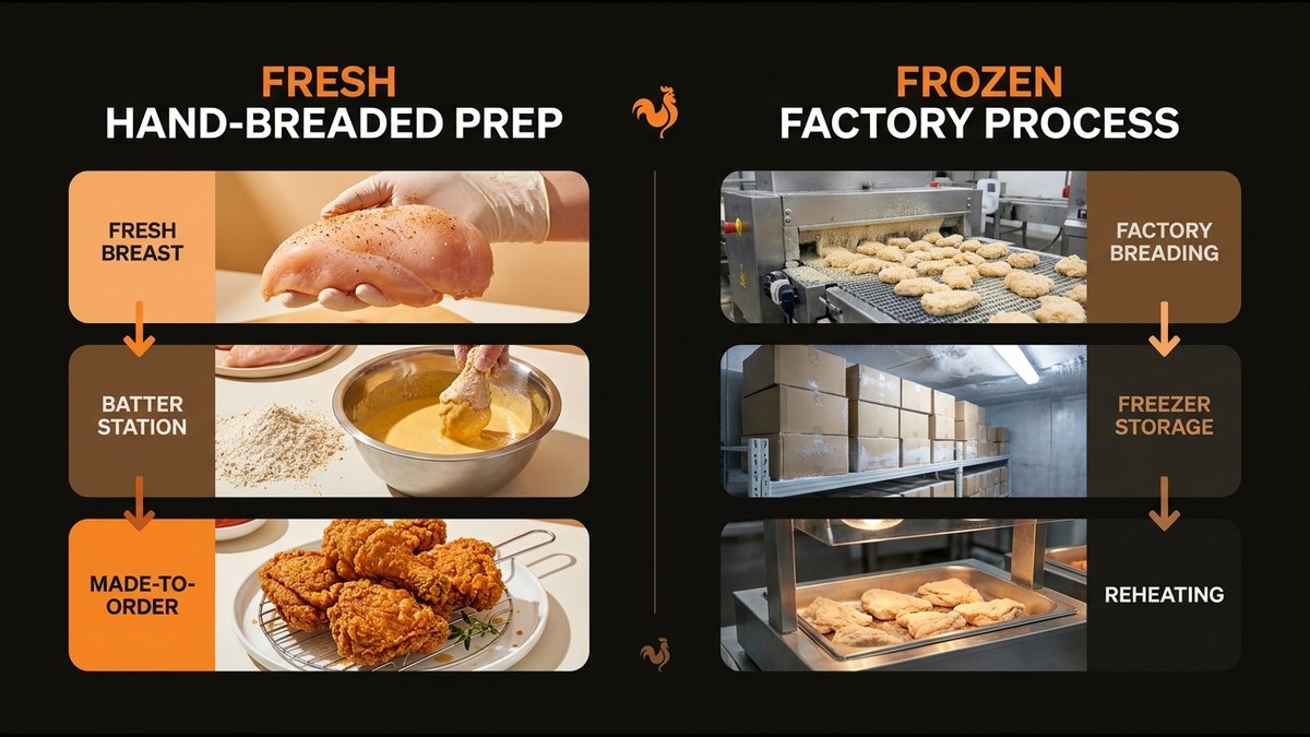Comparison diagram showing hand-breaded versus frozen chicken preparation methods side by side