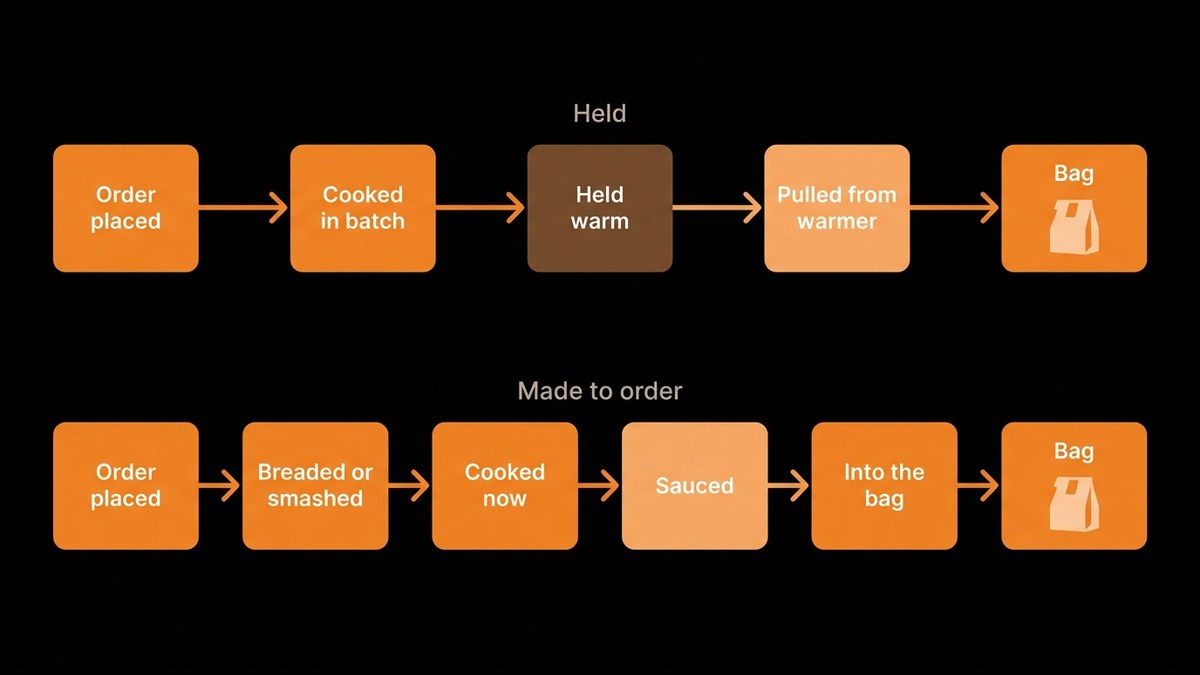 Flowchart comparing held-ahead food and cooked-to-order food from ticket to bag