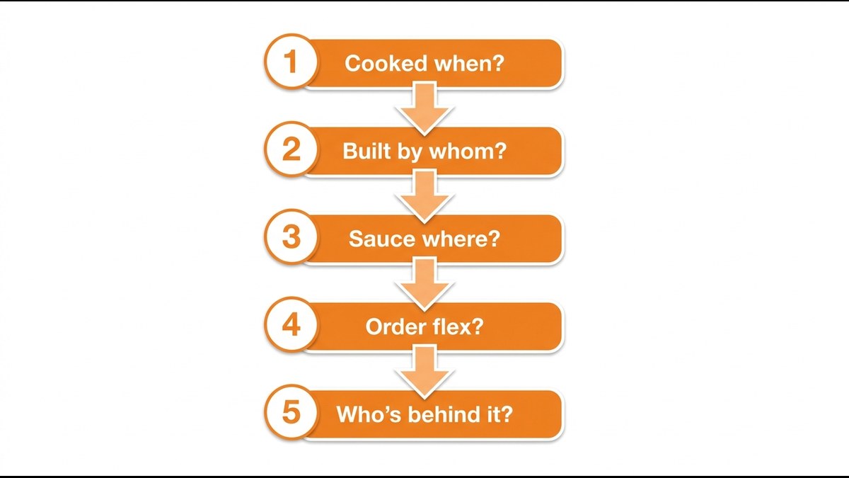 Five-step Ticket Test flowchart for judging whether a restaurant is truly fast casual