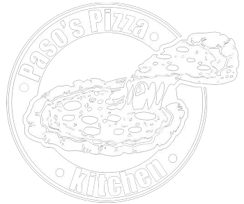 Paso's Pizza Kitchen logo with a pizza and a hand lifting a slice.
