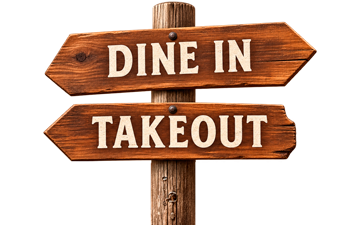 Wooden directional signpost with arrows labeled Dine In and Takeout in white letters.