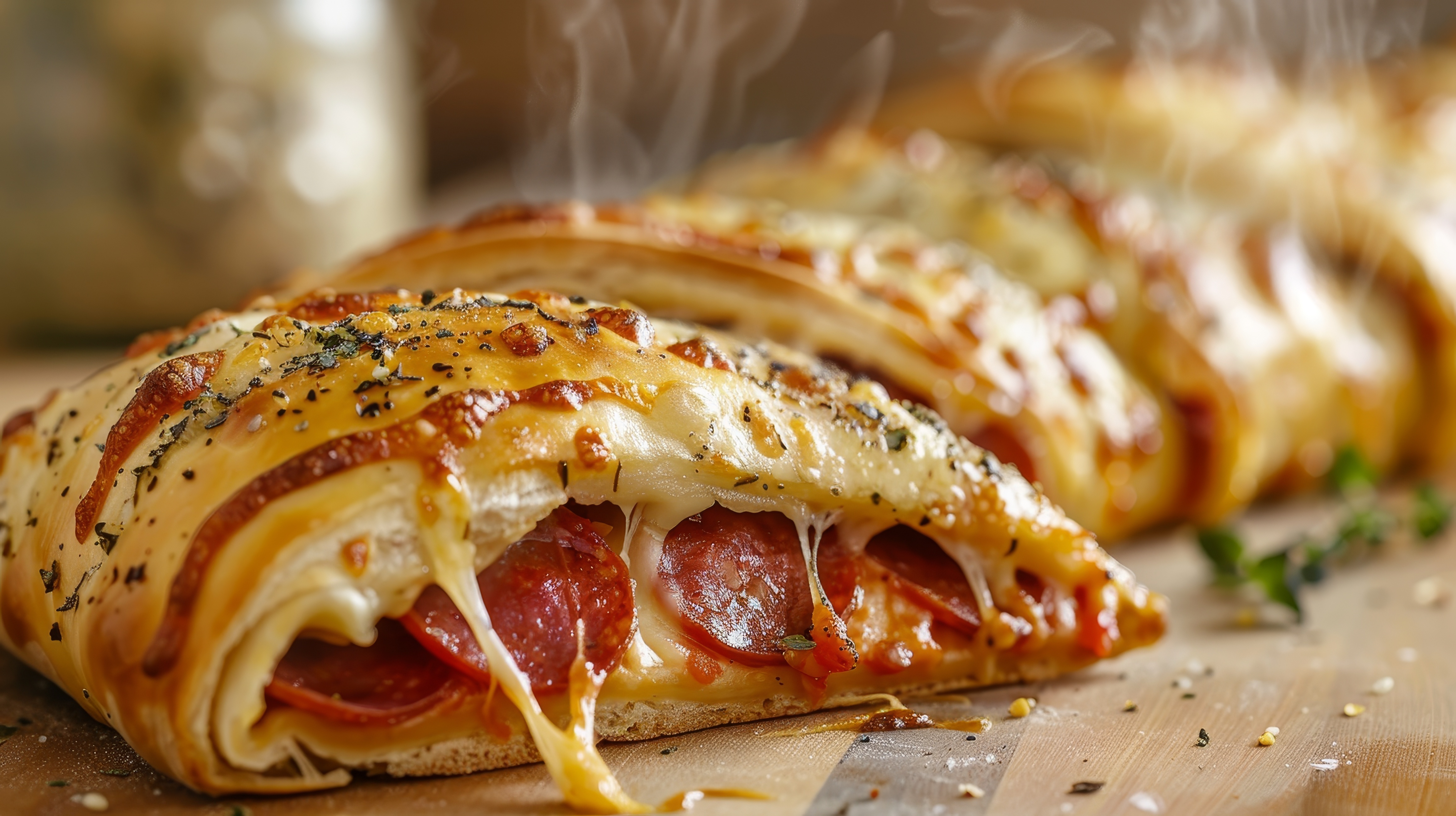 Close-up of steaming hot pepperoni calzone with melted cheese and herbs on a wooden surface.