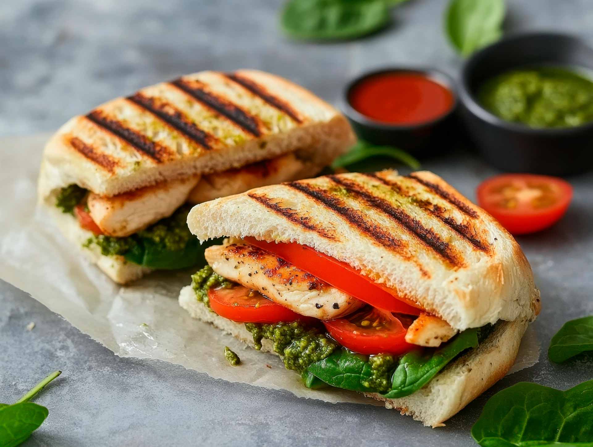 Grilled chicken sandwich with spinach, tomato slices, and green pesto on toasted bread.