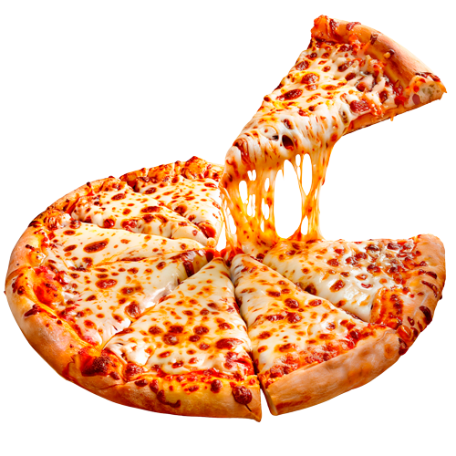 Cheese pizza with one slice lifted, showing melted cheese stretching from the pizza.