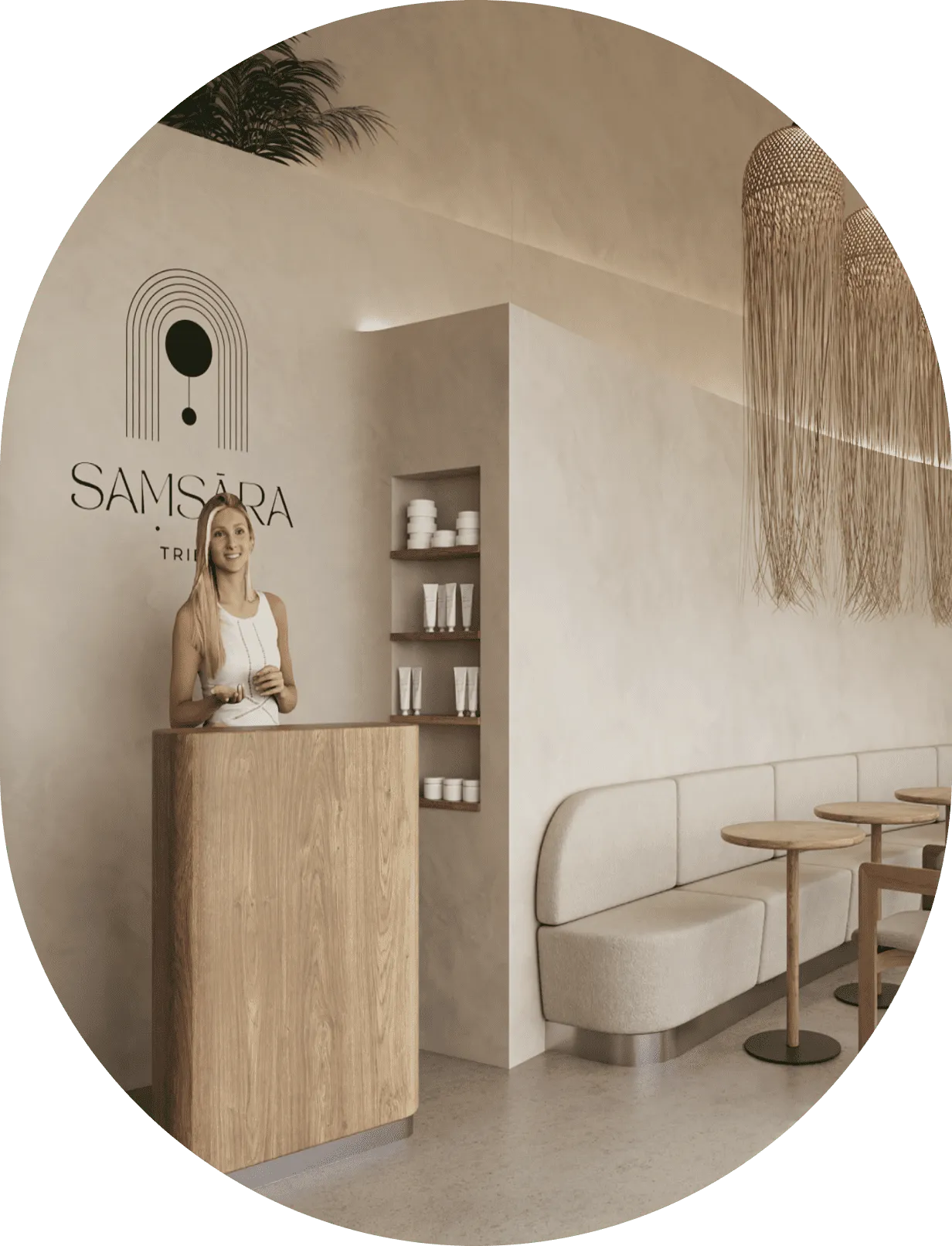a woman sitting at a counter in a salon