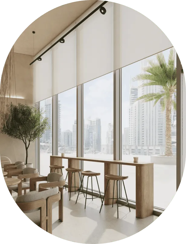 a circular picture of a restaurant with a view of the city