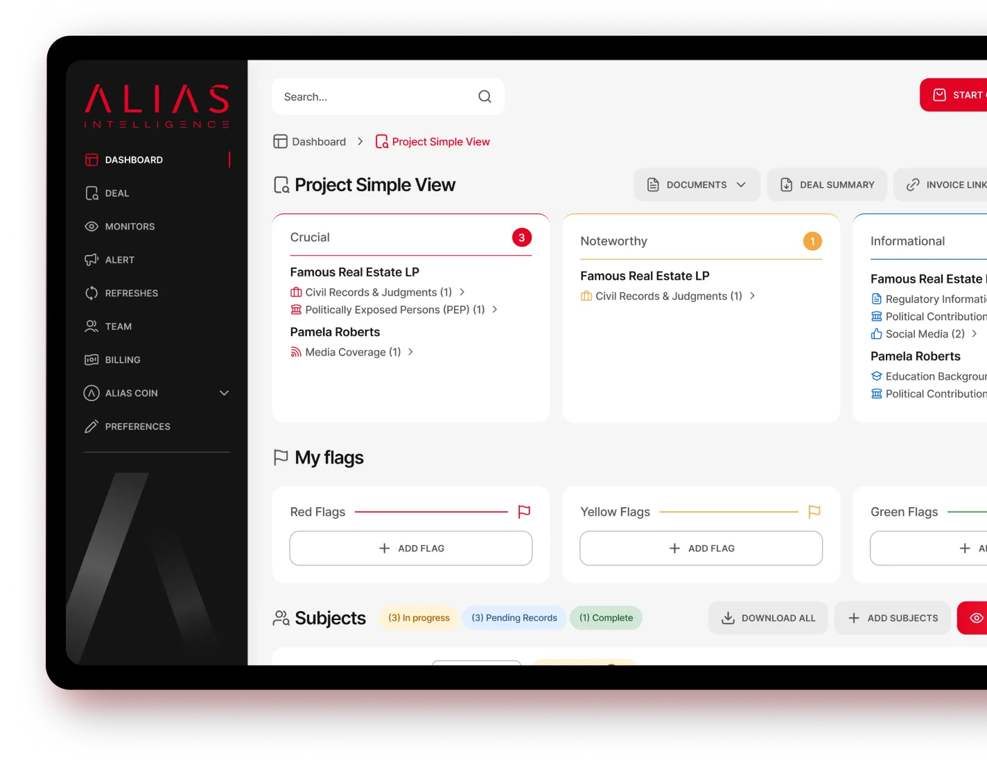 Alias client portal dashboard showing red, yellow and green flags for each subject