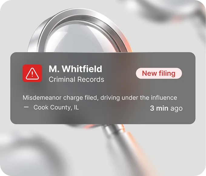 Monitoring alert showing a new criminal filing for a subject