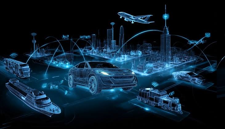 Blue digital illustration of connected vehicles, including a car, trucks, train, ship, and aircraft, linked through a smart city network.