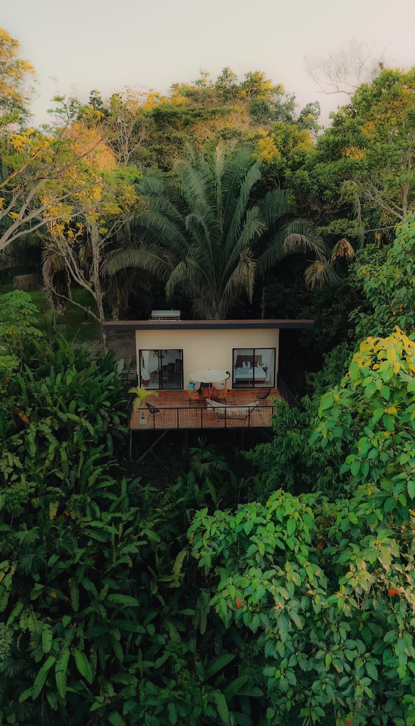Toucan Lodge seen from above, surrounded by rainforest
