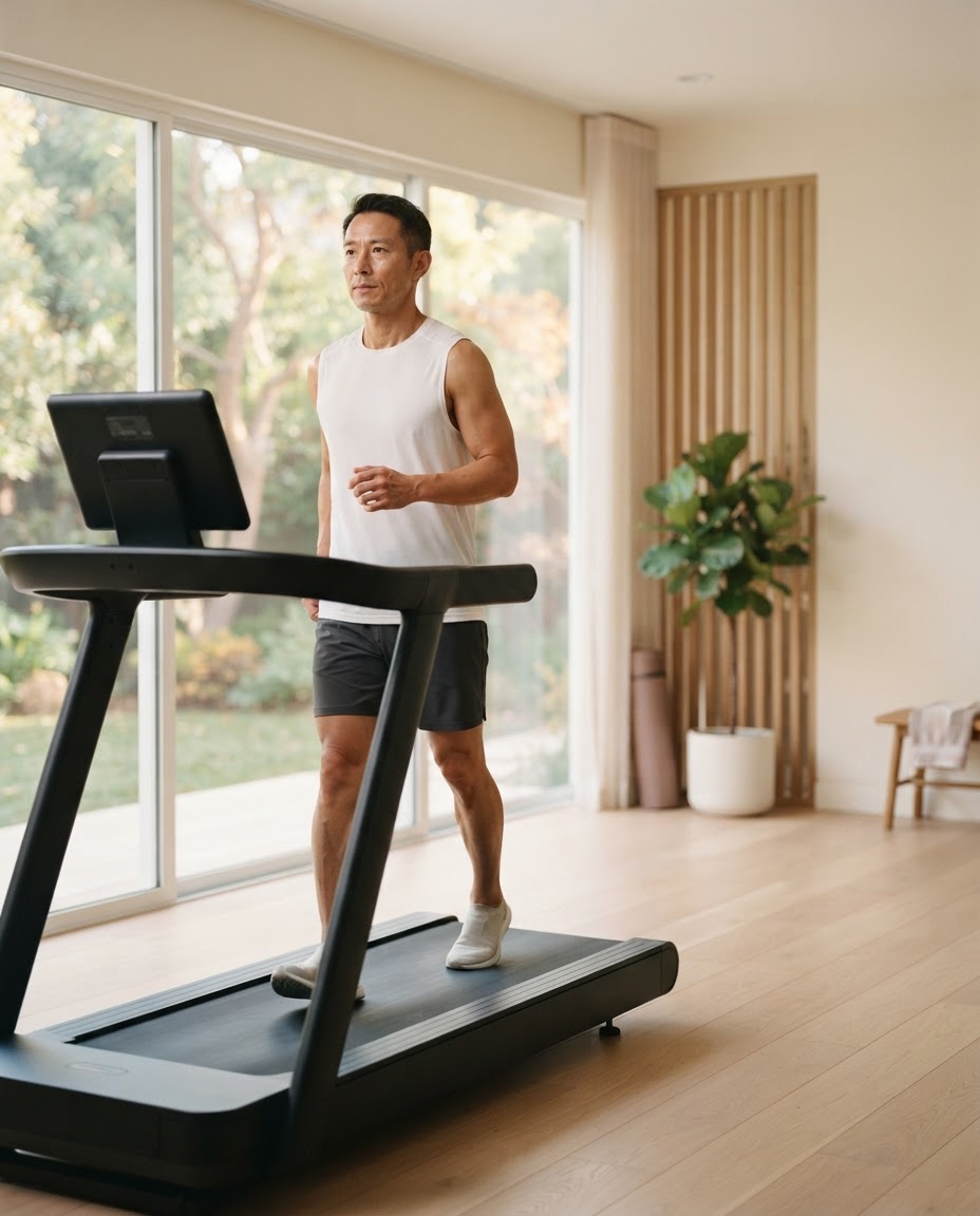 Man walking on a treadmill in a bright home gym
