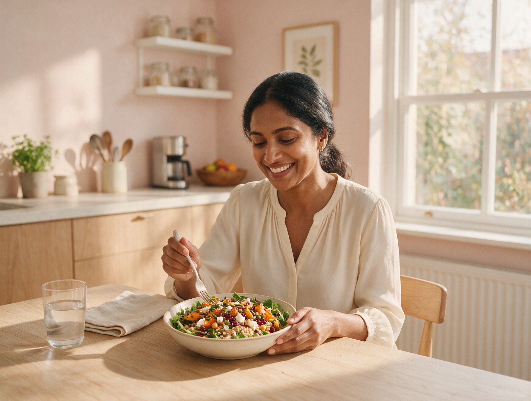 Woman enjoying a fresh salad bowl at a sunlit kitchen table