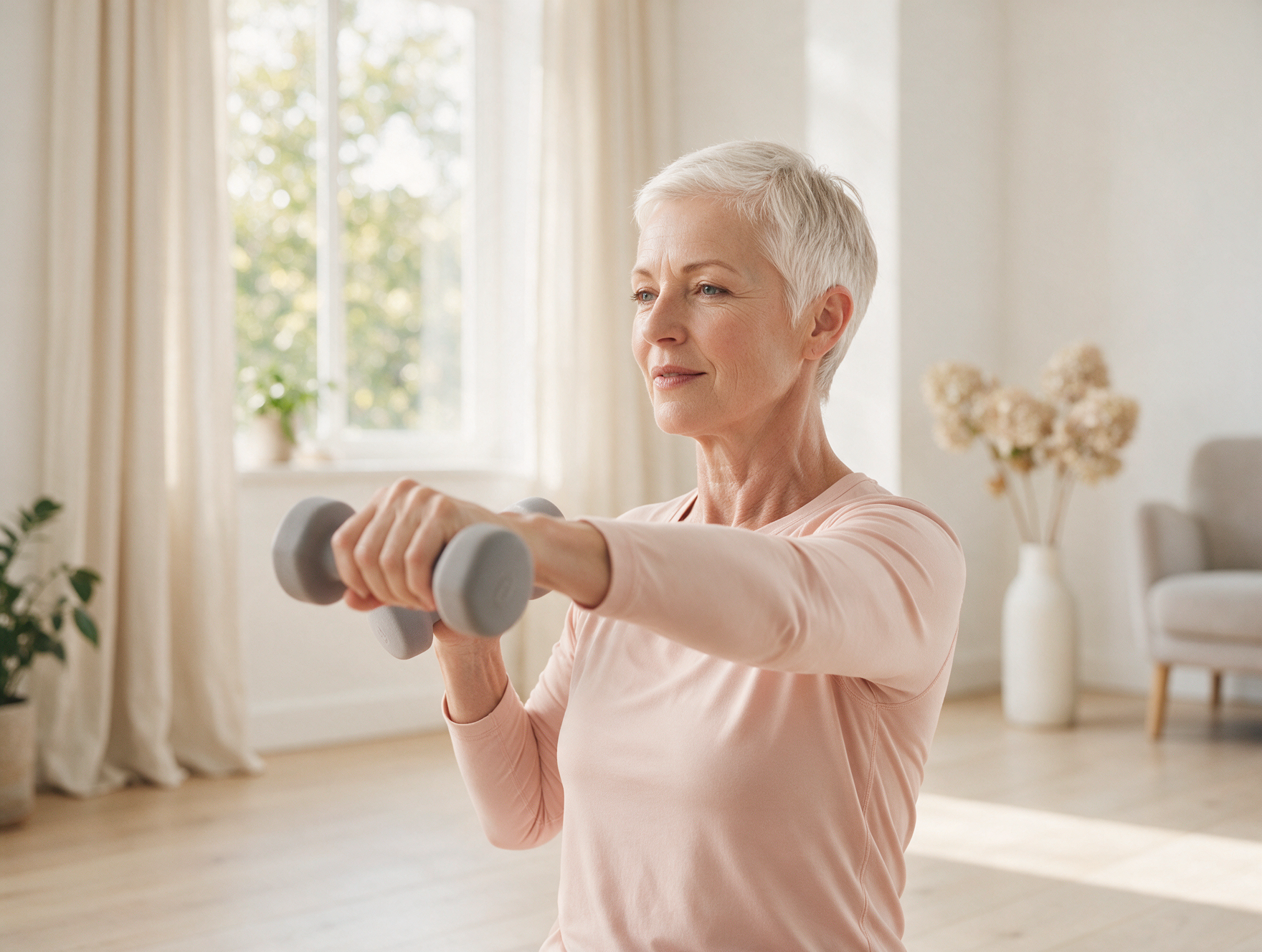 Woman doing a light dumbbell strength exercise in a bright studio