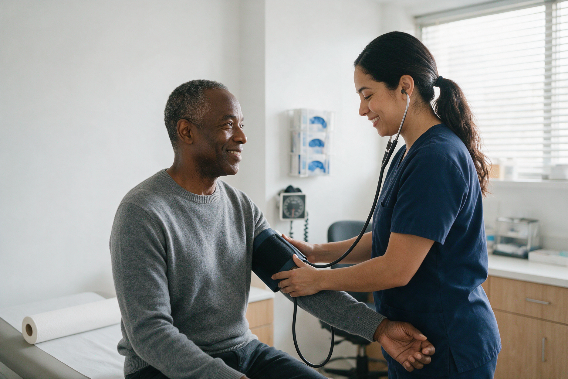 Nurse checking a patient's blood pressure in a modern exam room