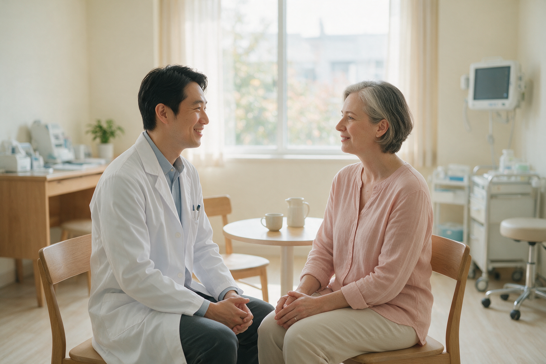 Physician talking with a patient in a bright clinic room