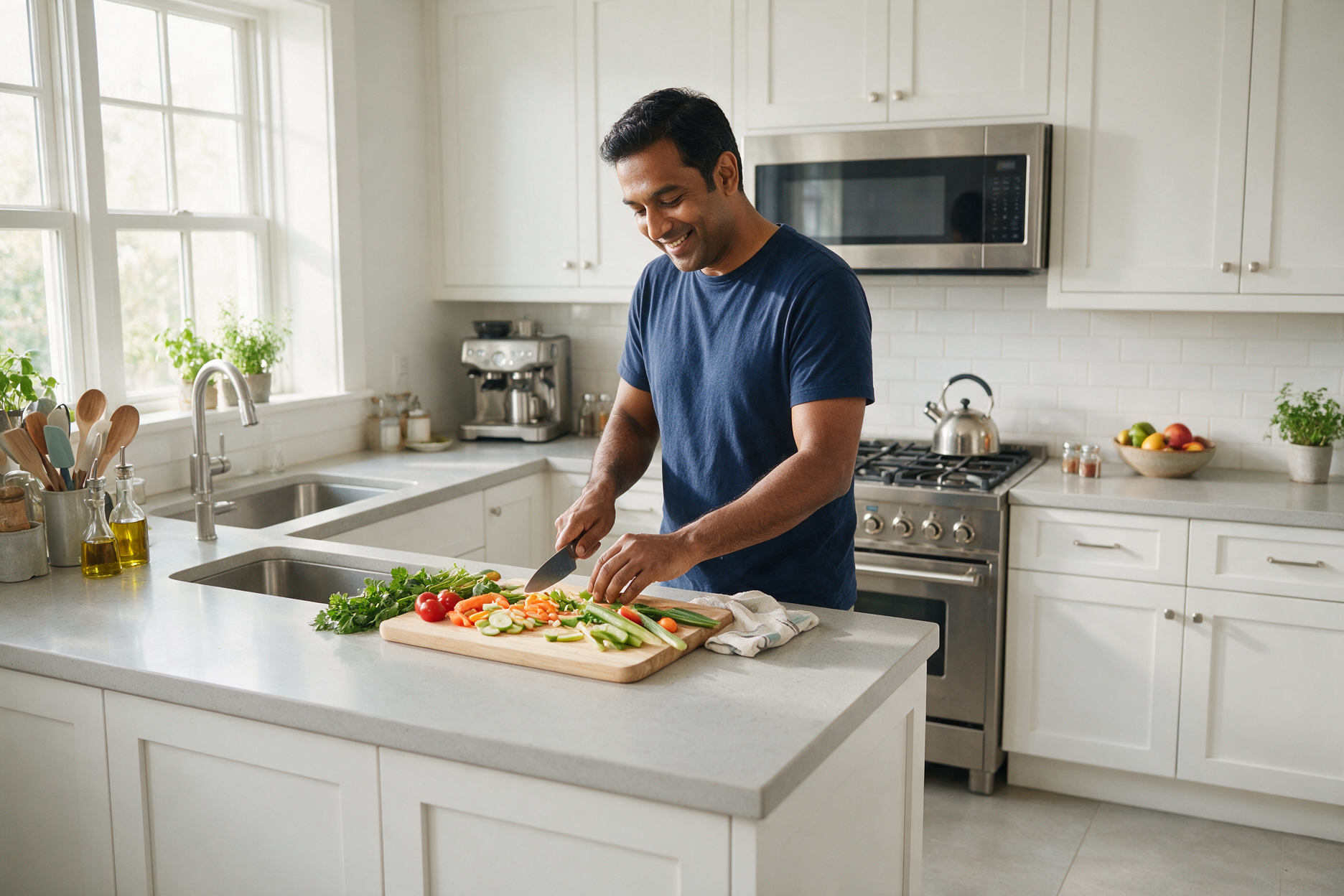 Man preparing a healthy meal in a bright kitchen