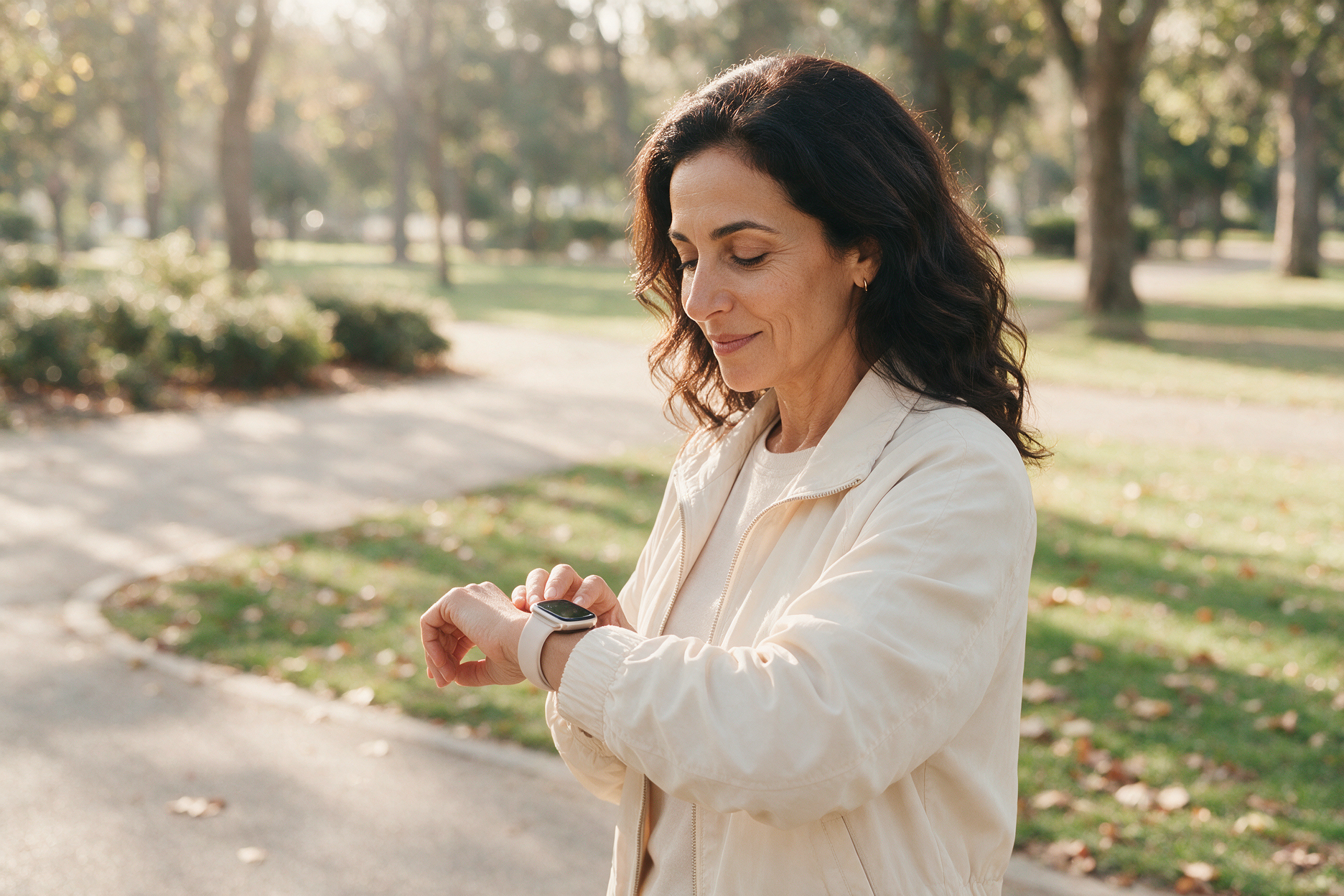Woman checking her smartwatch during a morning walk in the park