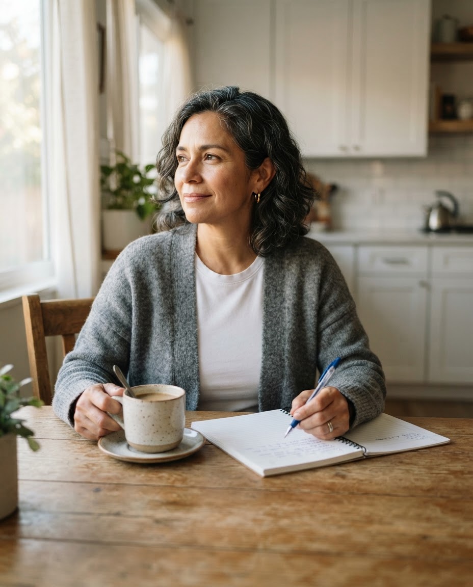 Woman sitting at her kitchen table with coffee in the morning
