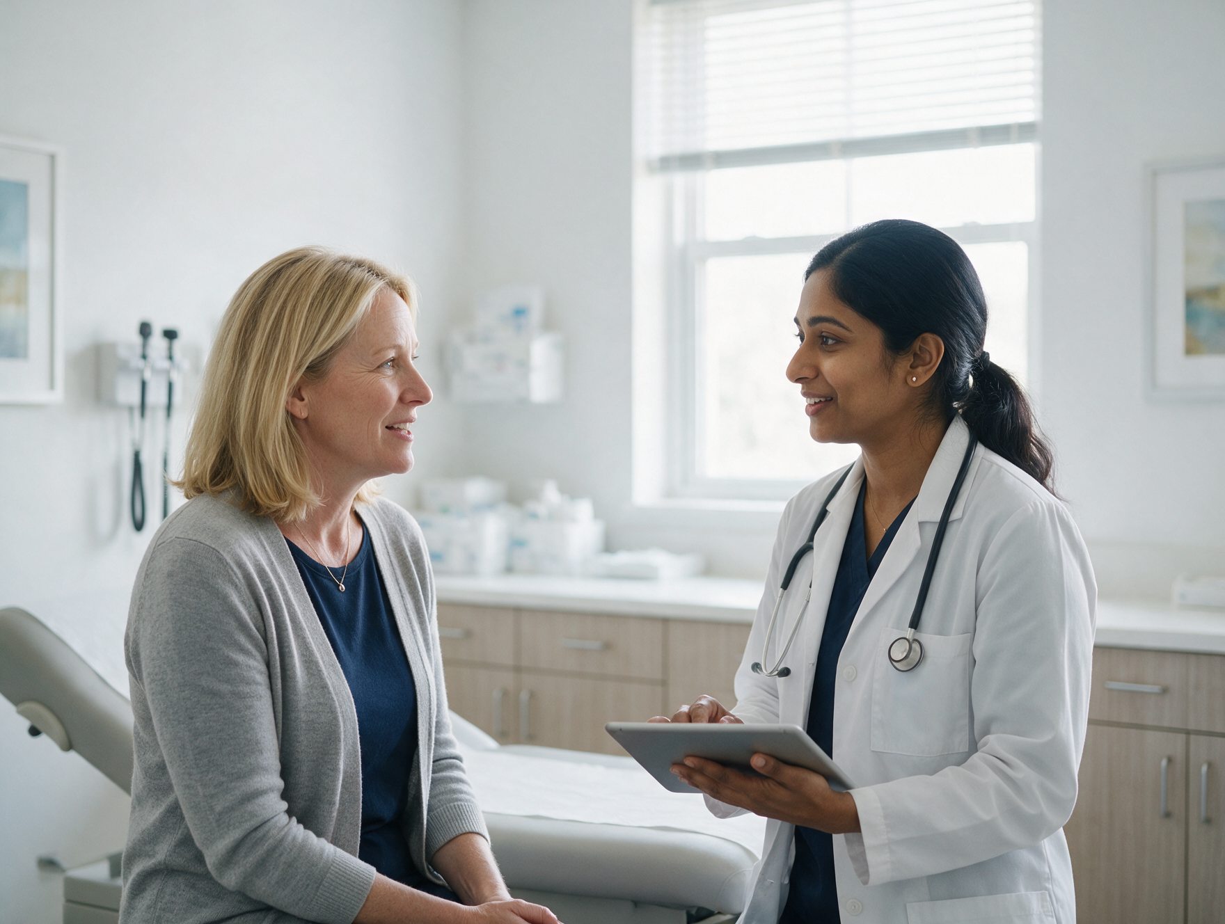 Woman talking with her physician in a bright exam room