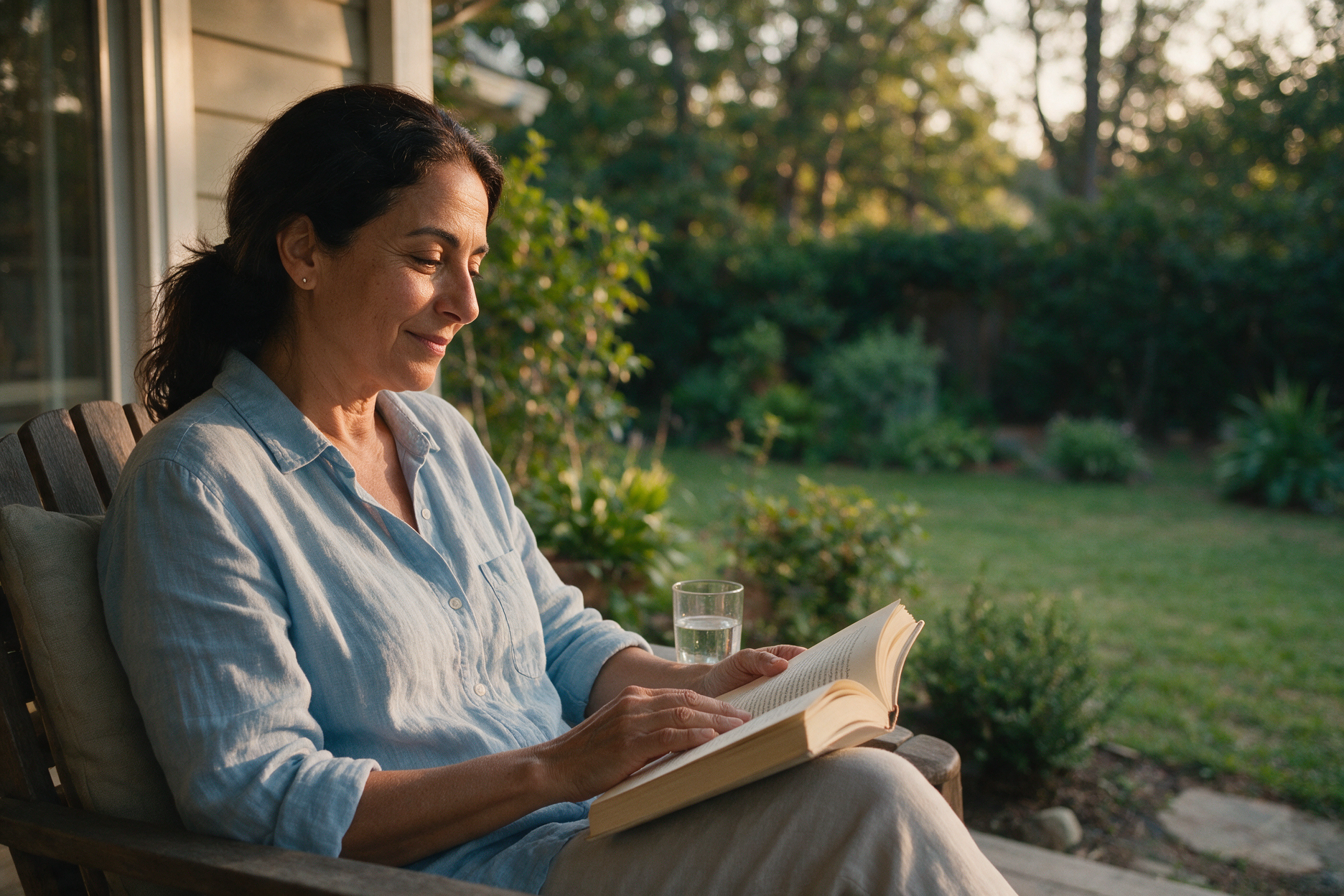 Woman relaxing on her back porch reading a book in the evening
