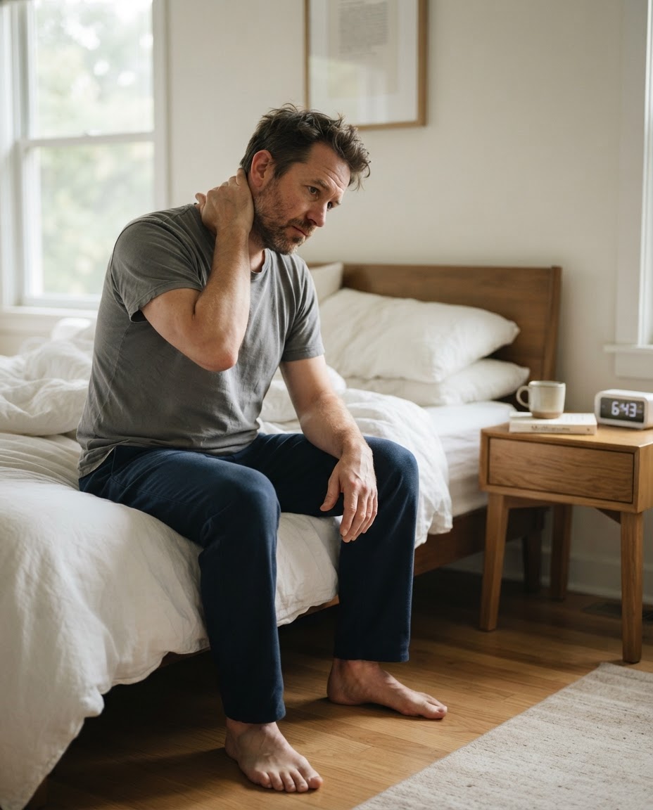 Man sitting on the edge of his bed in the early morning