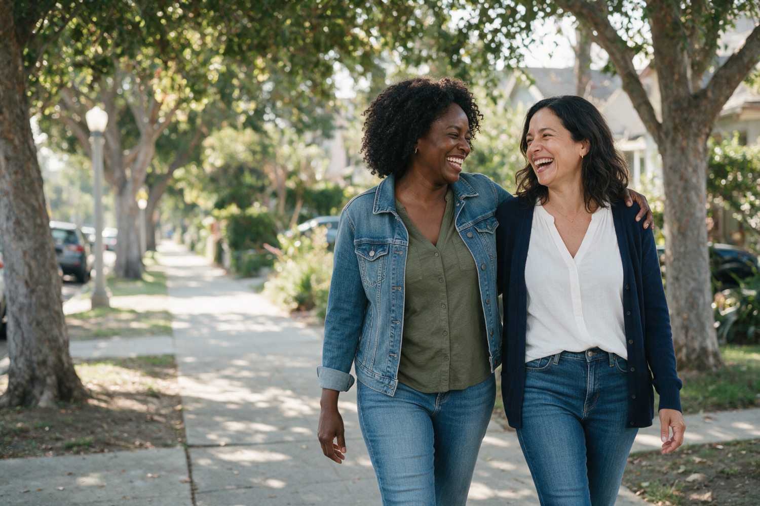 Two women friends walking and laughing together on a tree-lined sidewalk