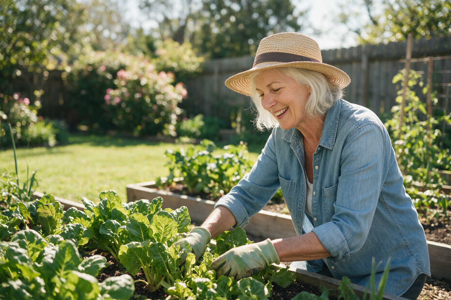 Woman tending vegetables in her backyard garden