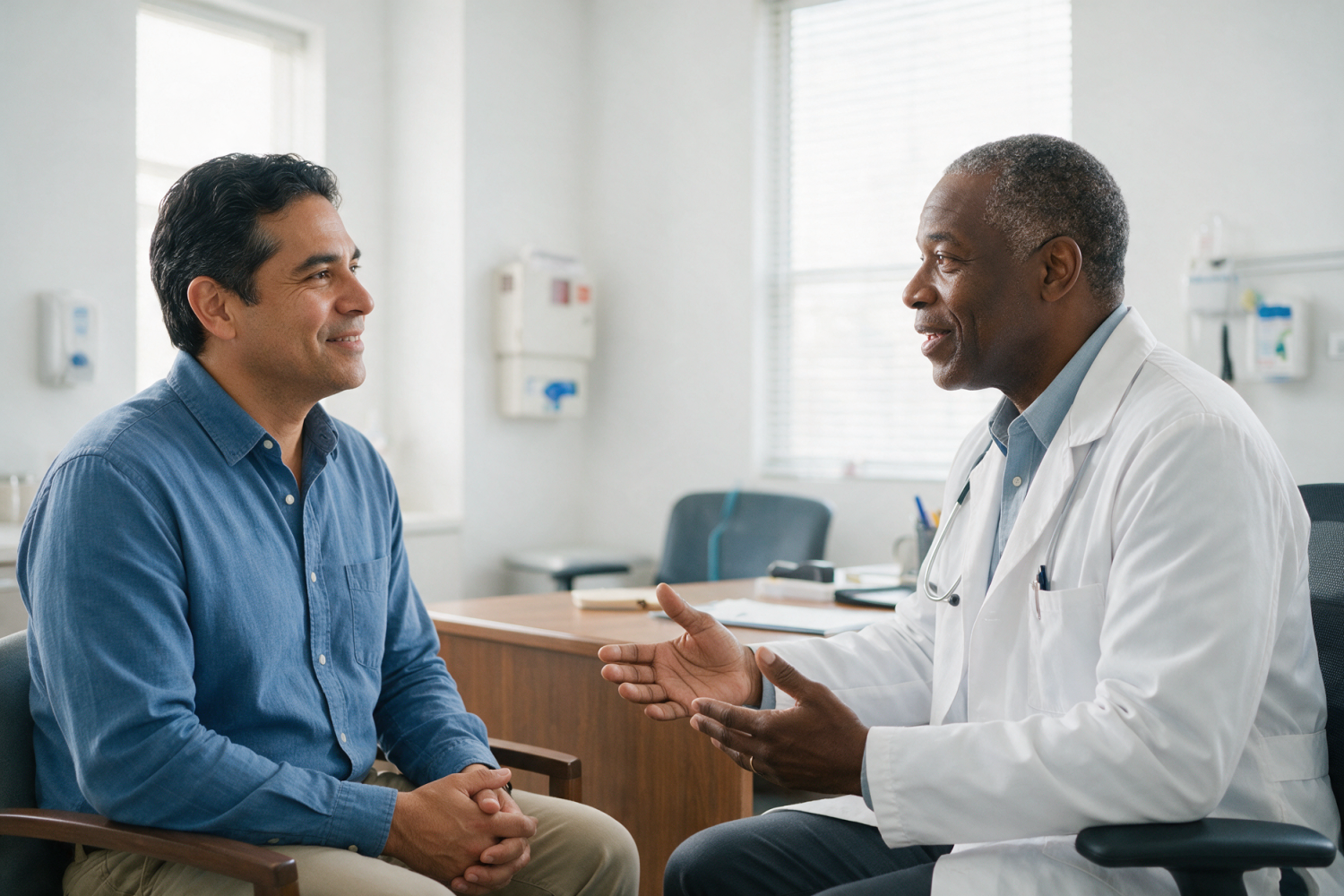 Physician talking with a male patient in a bright consult room