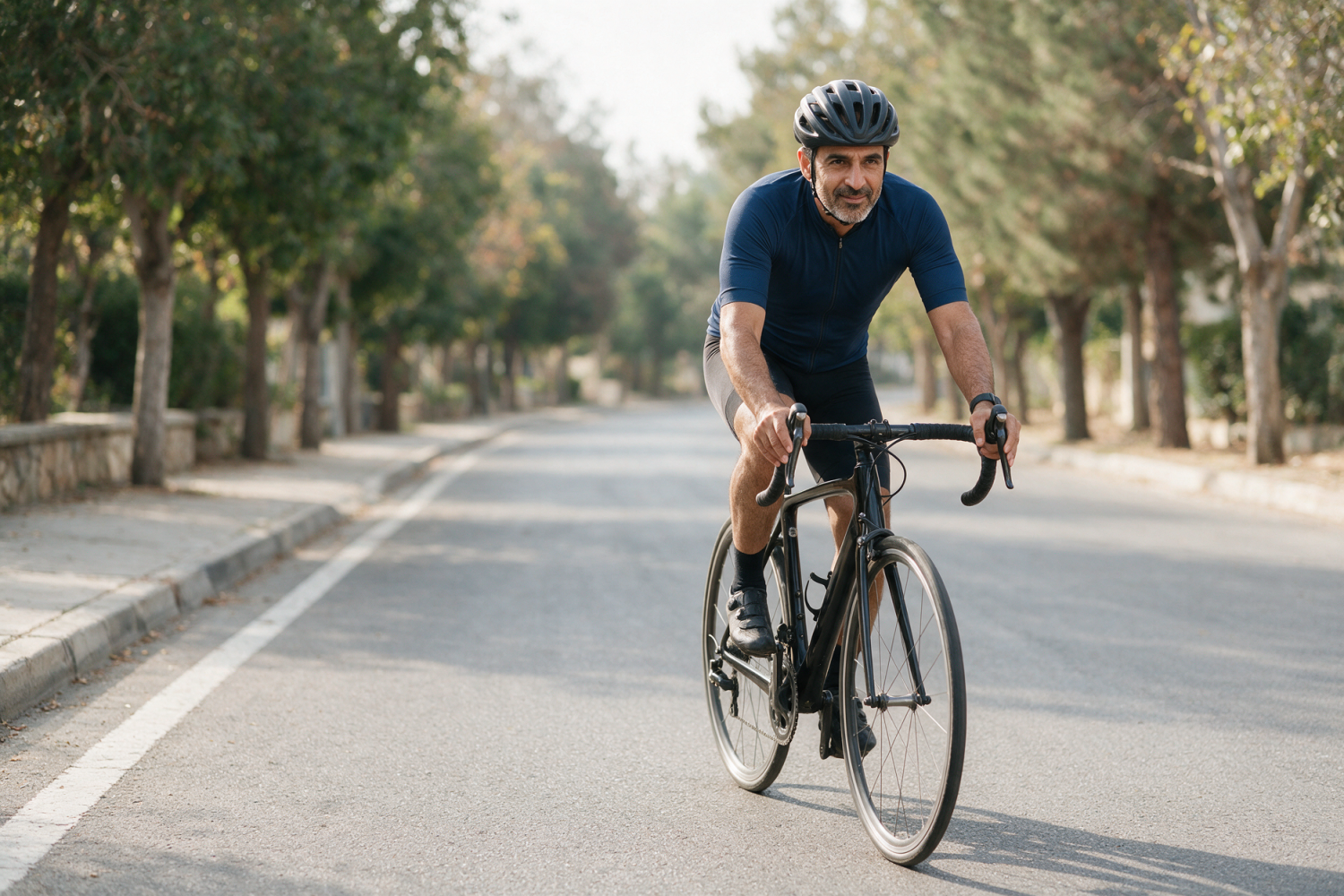 Man riding a road bike on a quiet tree-lined road in the morning