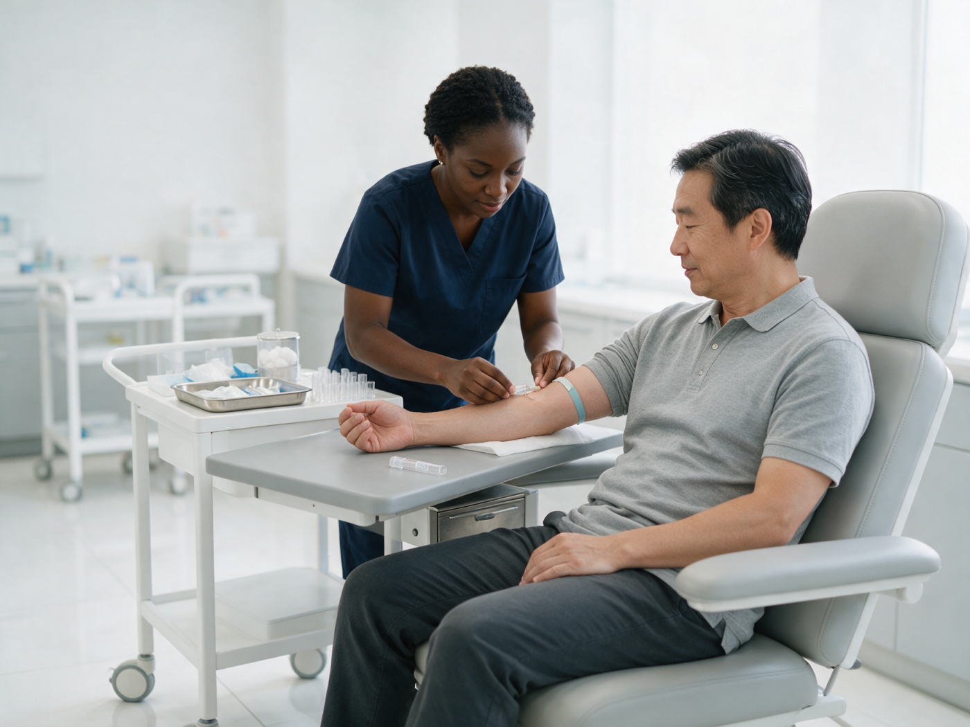 Man having blood drawn by a phlebotomist in a clinic lab