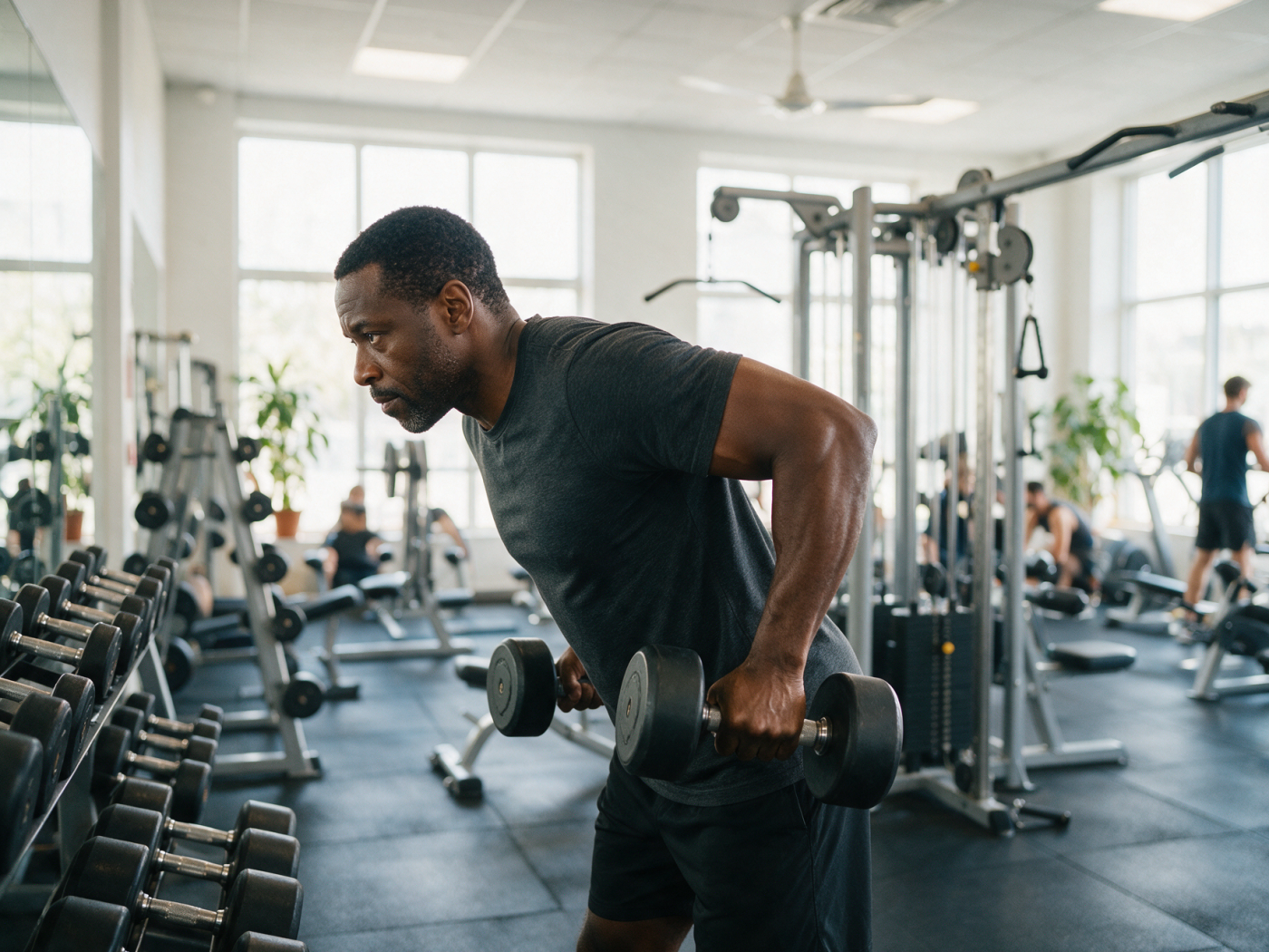 Man doing a dumbbell row in a bright gym