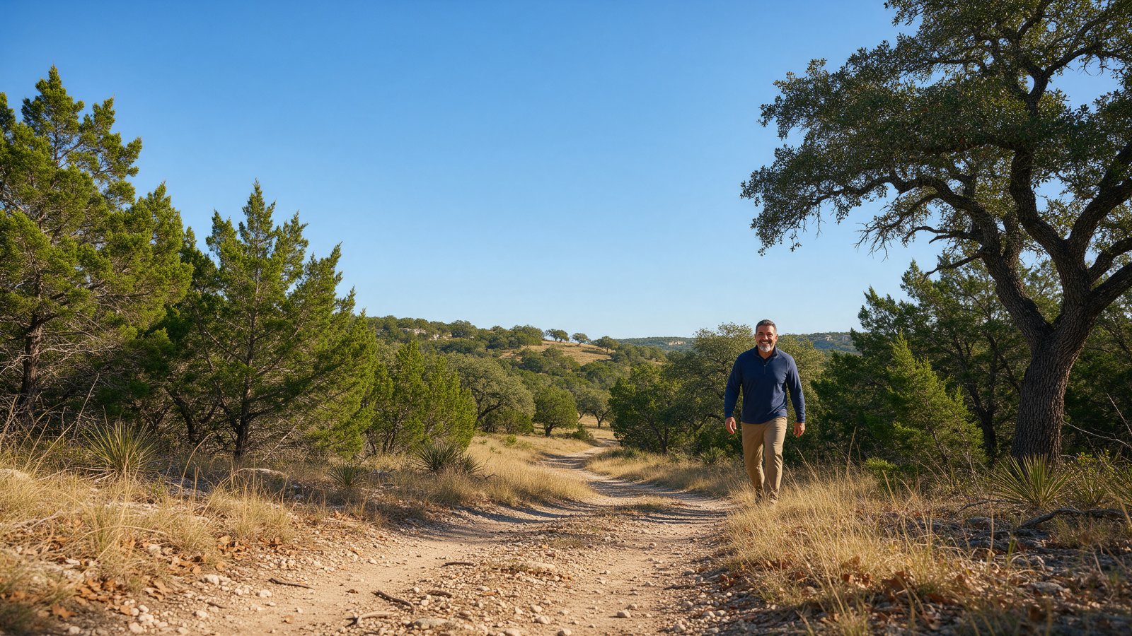 Man hiking a trail in the Texas Hill Country on a sunny morning
