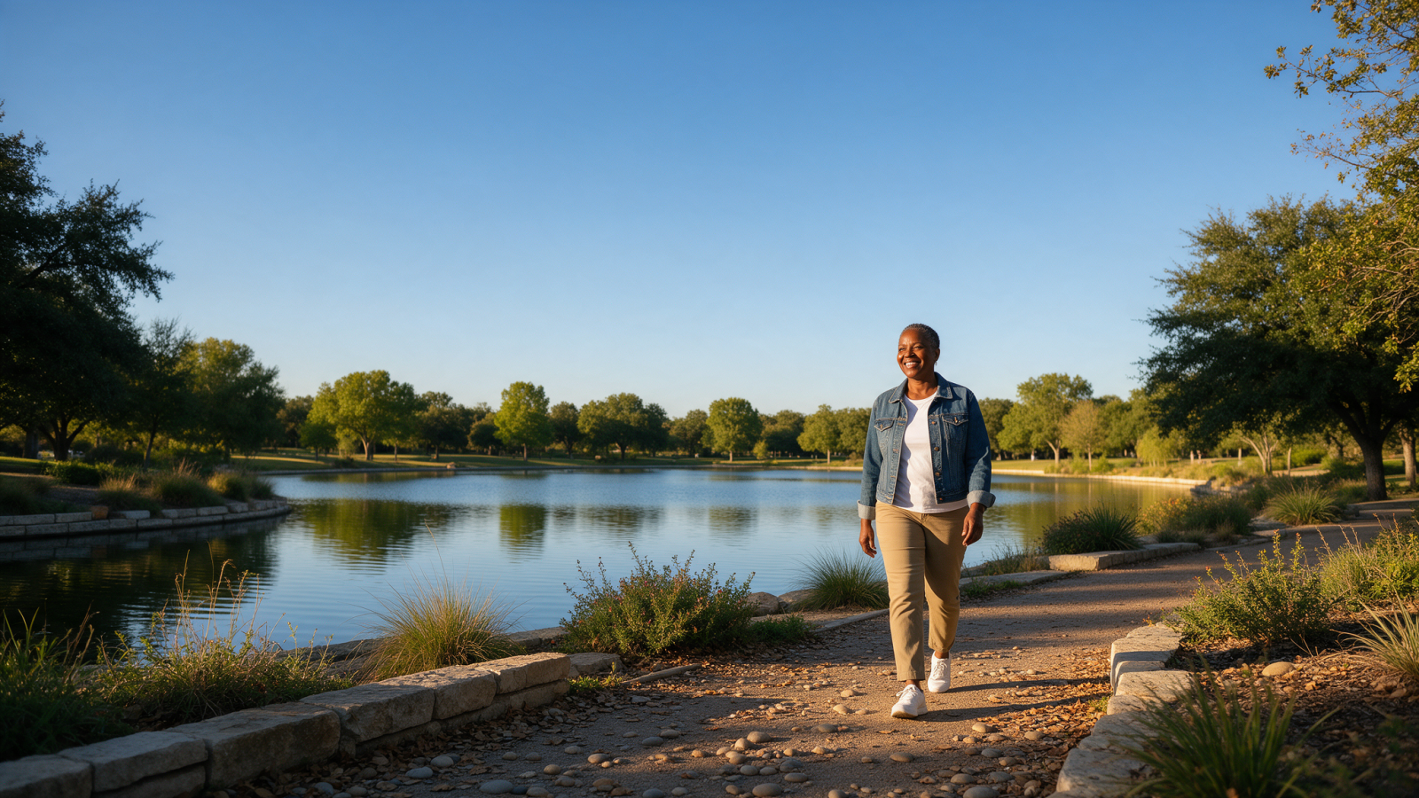 Woman walking along a lakeside path in a park on a sunny afternoon