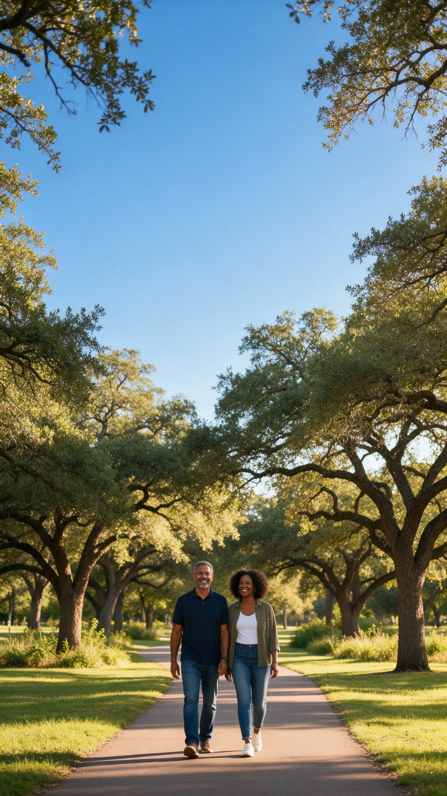 Couple walking together on a tree-lined park trail on a sunny afternoon