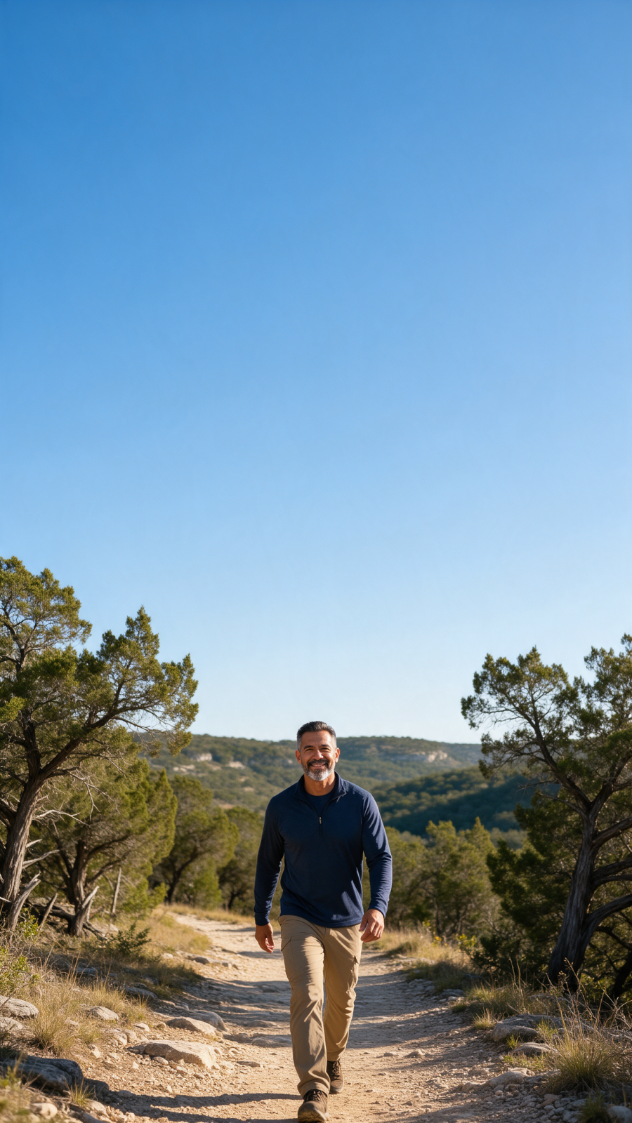 Man hiking a trail in the Texas Hill Country on a sunny morning