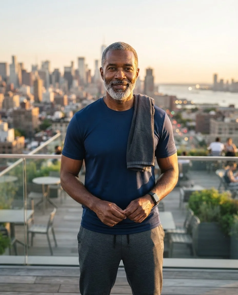 Man on a rooftop terrace at golden hour after a workout