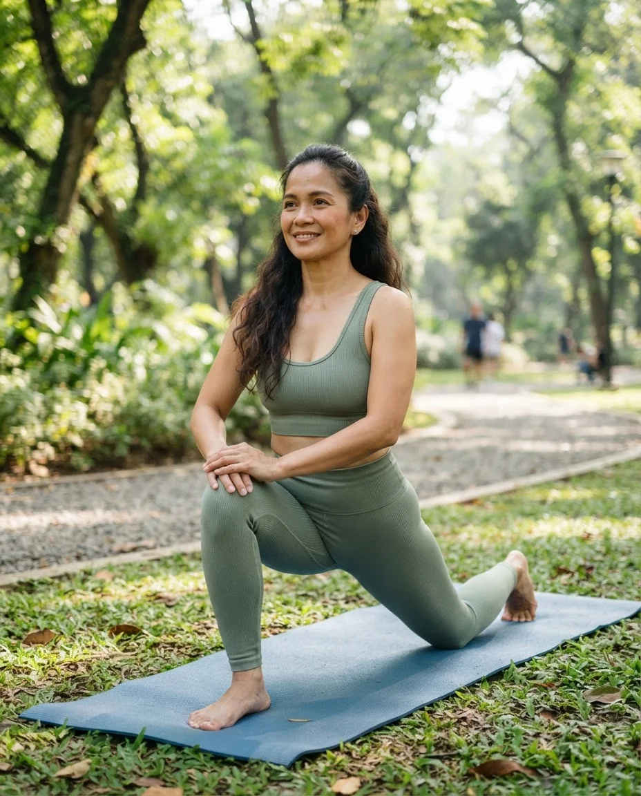Woman stretching on a yoga mat in a sunny park