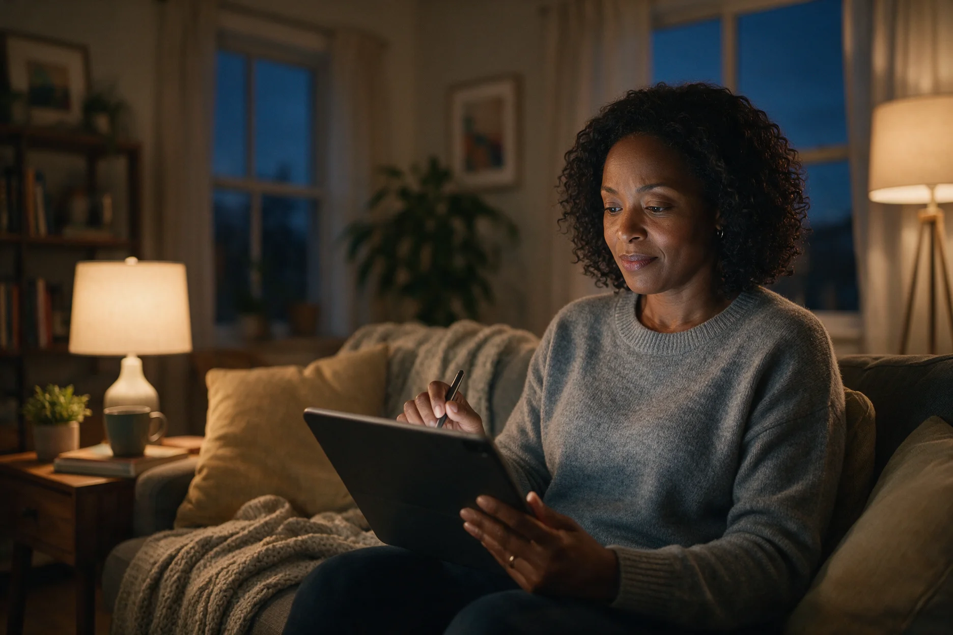 Woman completing her hormone health assessment on a tablet at home