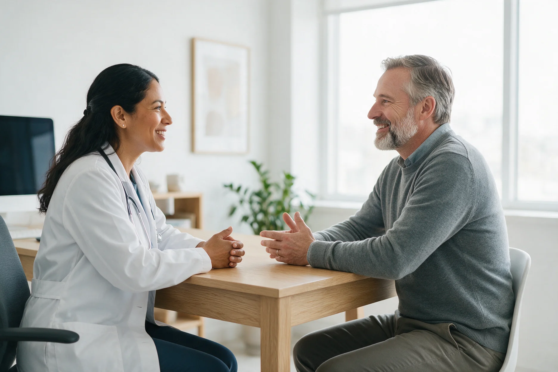 Physician talking with a patient in a bright consult room