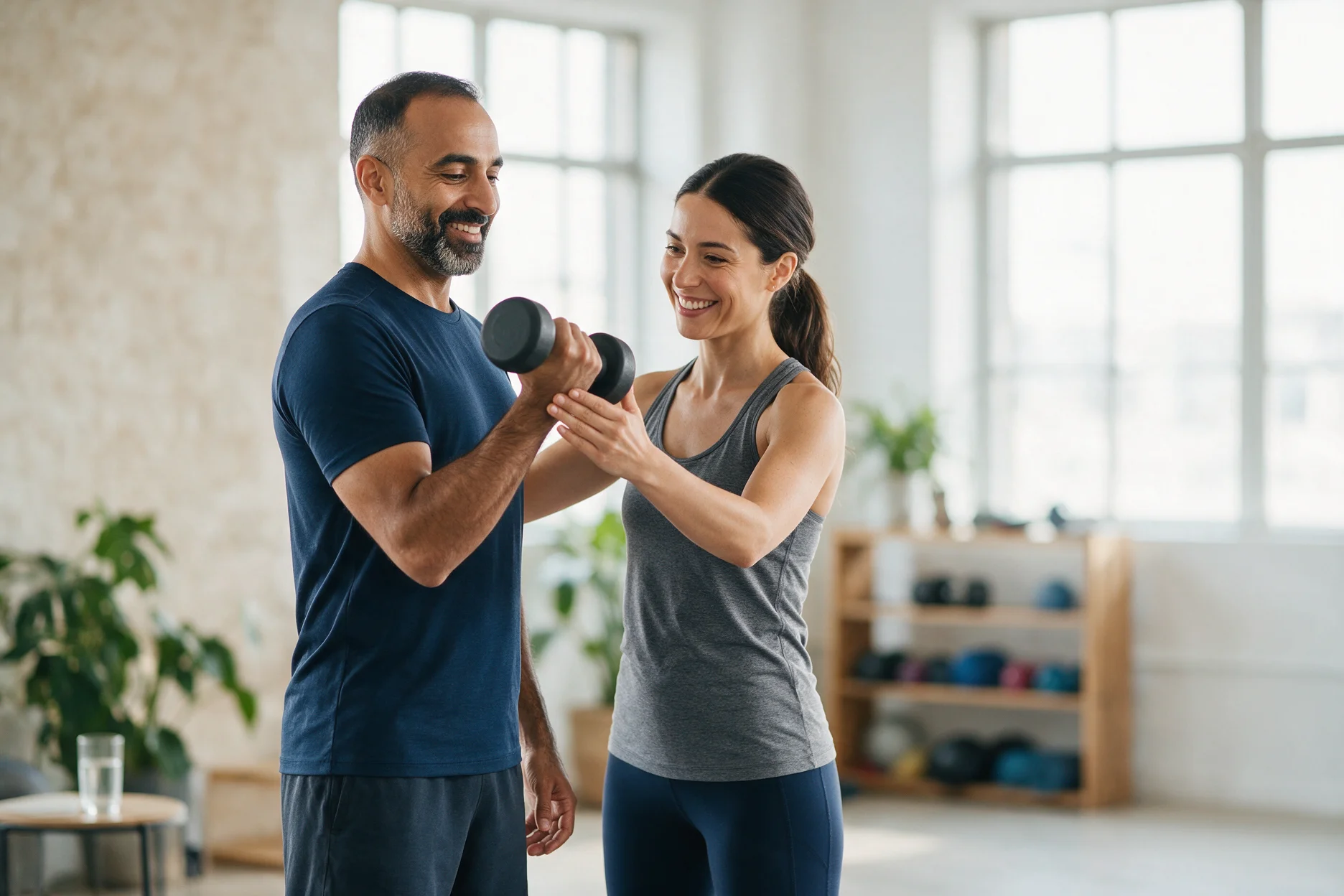 Man training with a personal trainer in a bright wellness studio