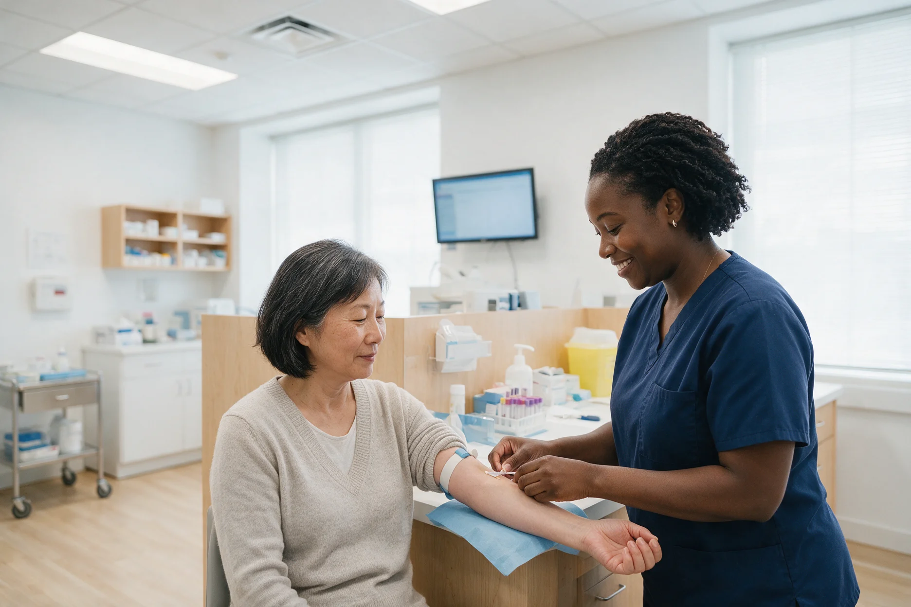 Patient having blood drawn in a bright clinic lab