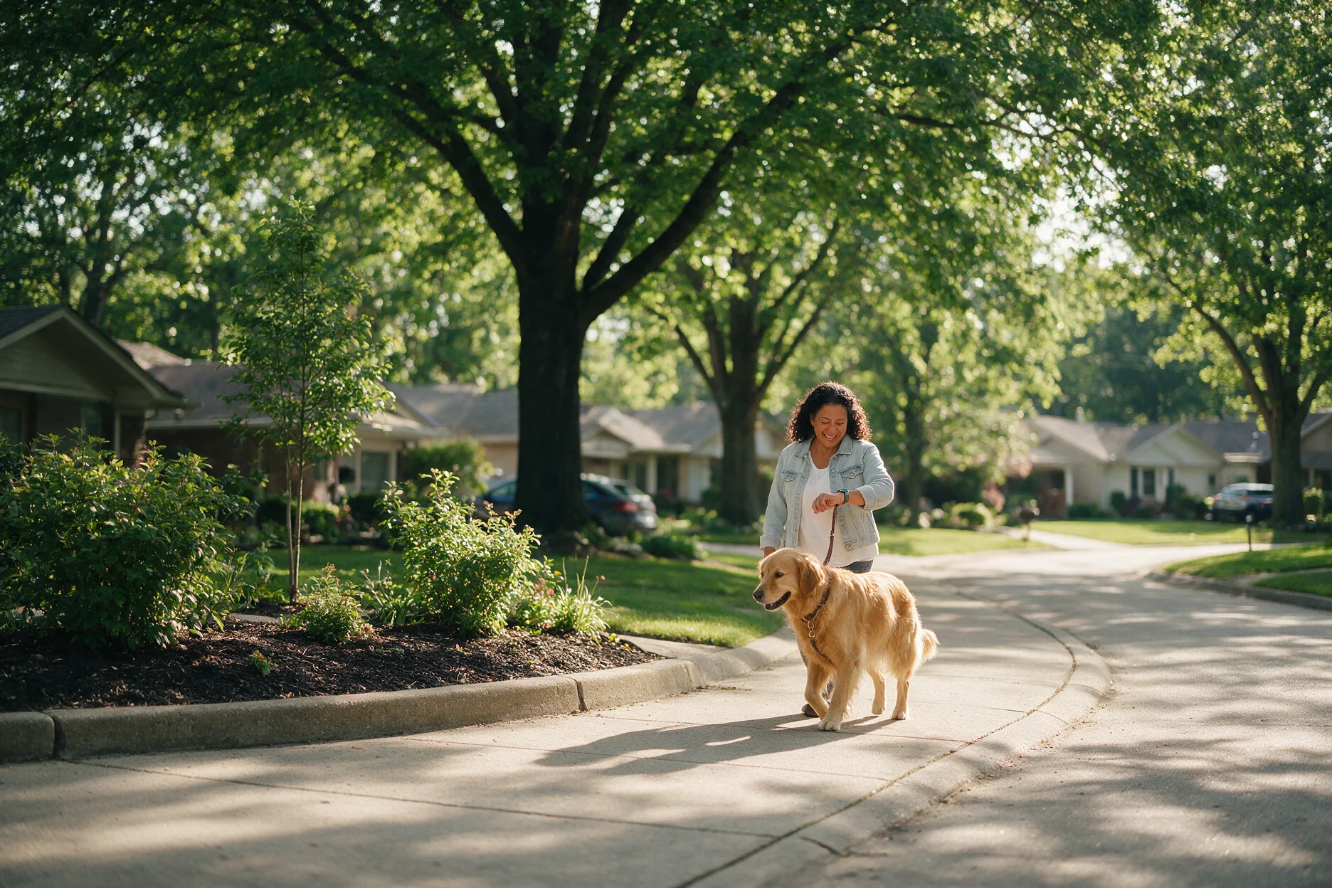 Woman walking her dog on a tree-lined sidewalk in the morning