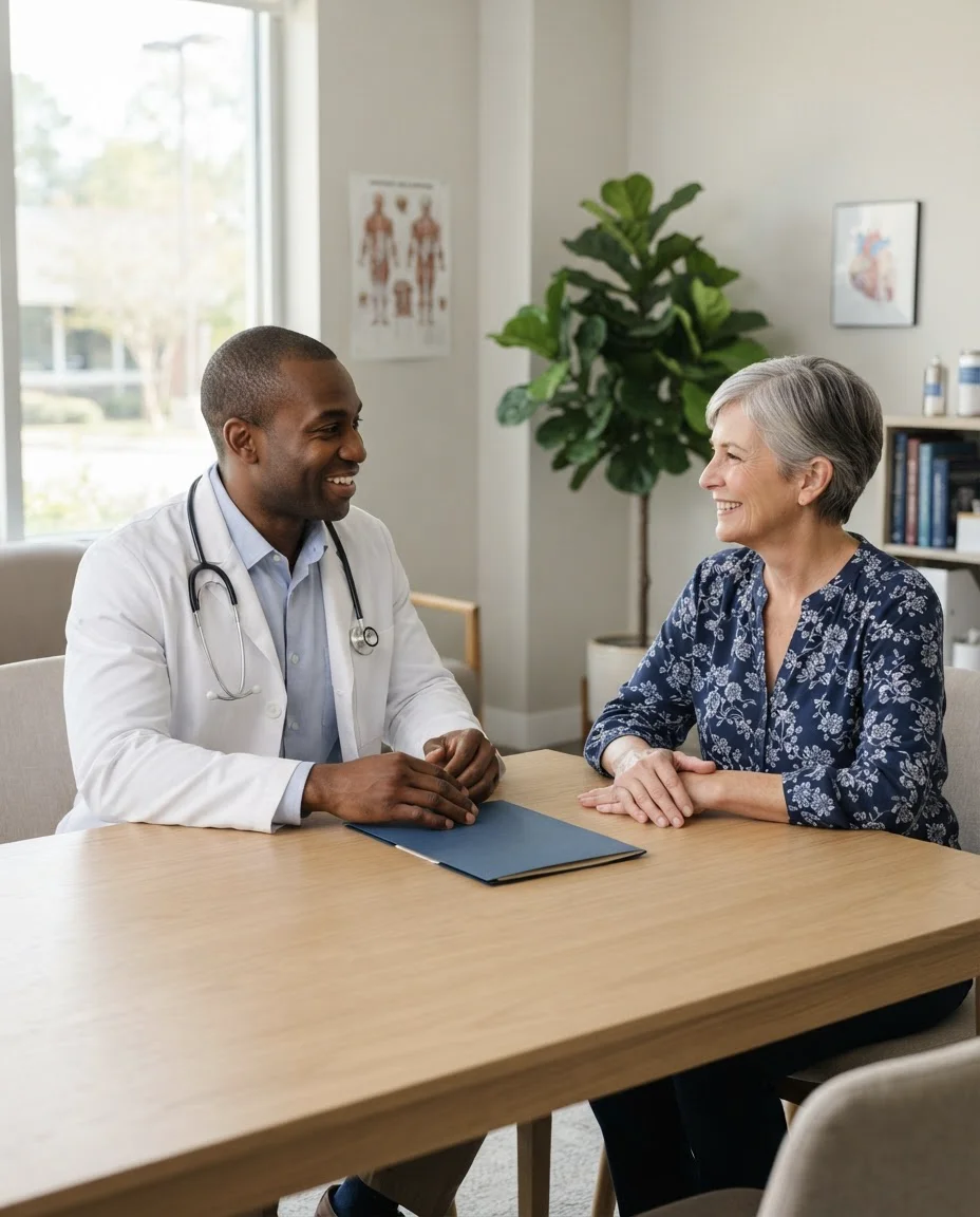 Physician reviewing results on a tablet with a patient
