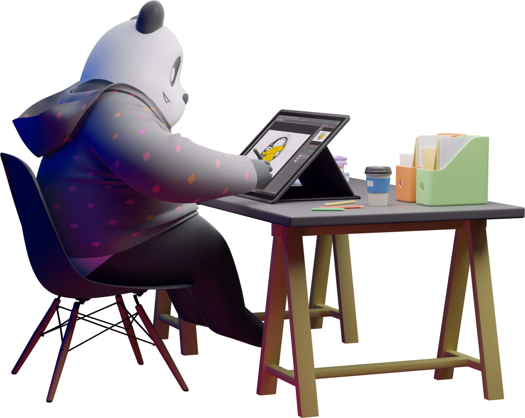 3D panda character sketching at a design desk