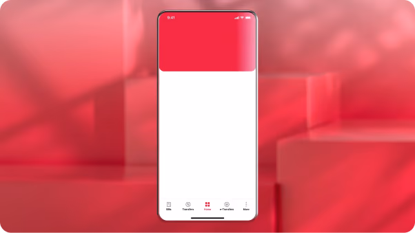 Mobile banking app interface on a phone against a red 3D backdrop