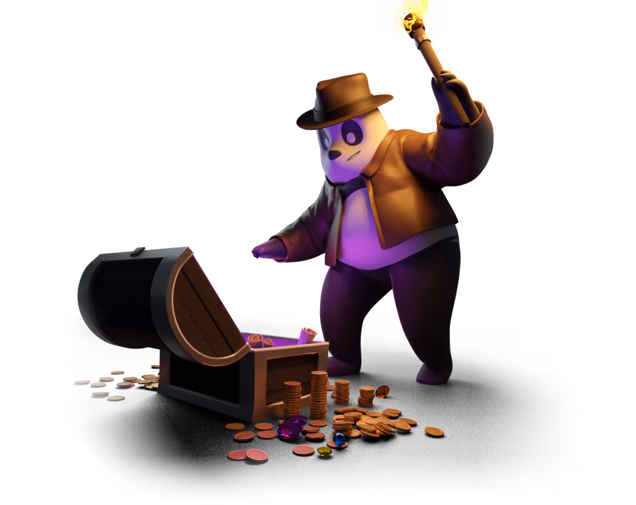 3D panda explorer holding a torch over an open treasure chest