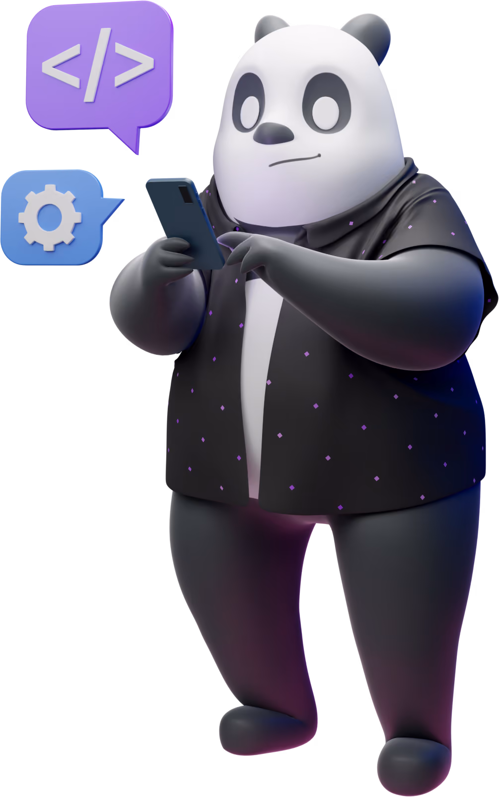 3D panda character holding a phone