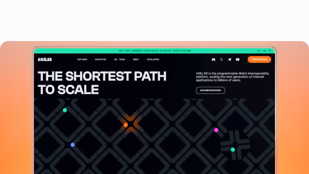 Website homepage mockup on a dark UI with colorful accent dots