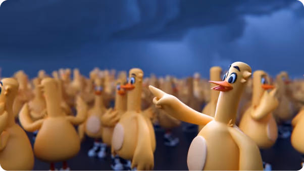 Flock of rubber duck toys against a stormy sky, from a digital campaign video